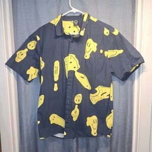Neff Navy and Yellow Melting Drippy Smile Face Graphic Button Down Shirt M